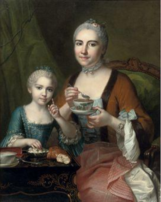 "Portrait of an elegant lady and her daughter, drinking hot chocolate, 1755" by Jean Chevalier