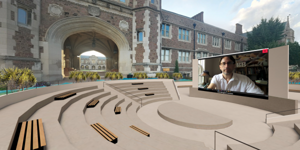 Virtual amphitheater in front of WashU's Brookings Hall