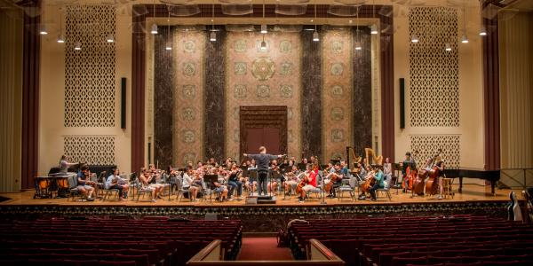 The WashU symphony orchestra in rehearsal at the 560 Music Center