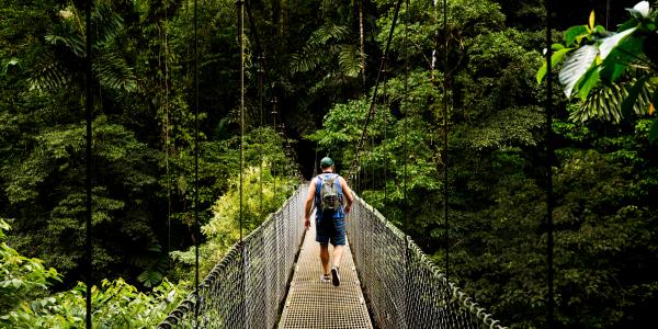 Man in hiking shorts running across bridge